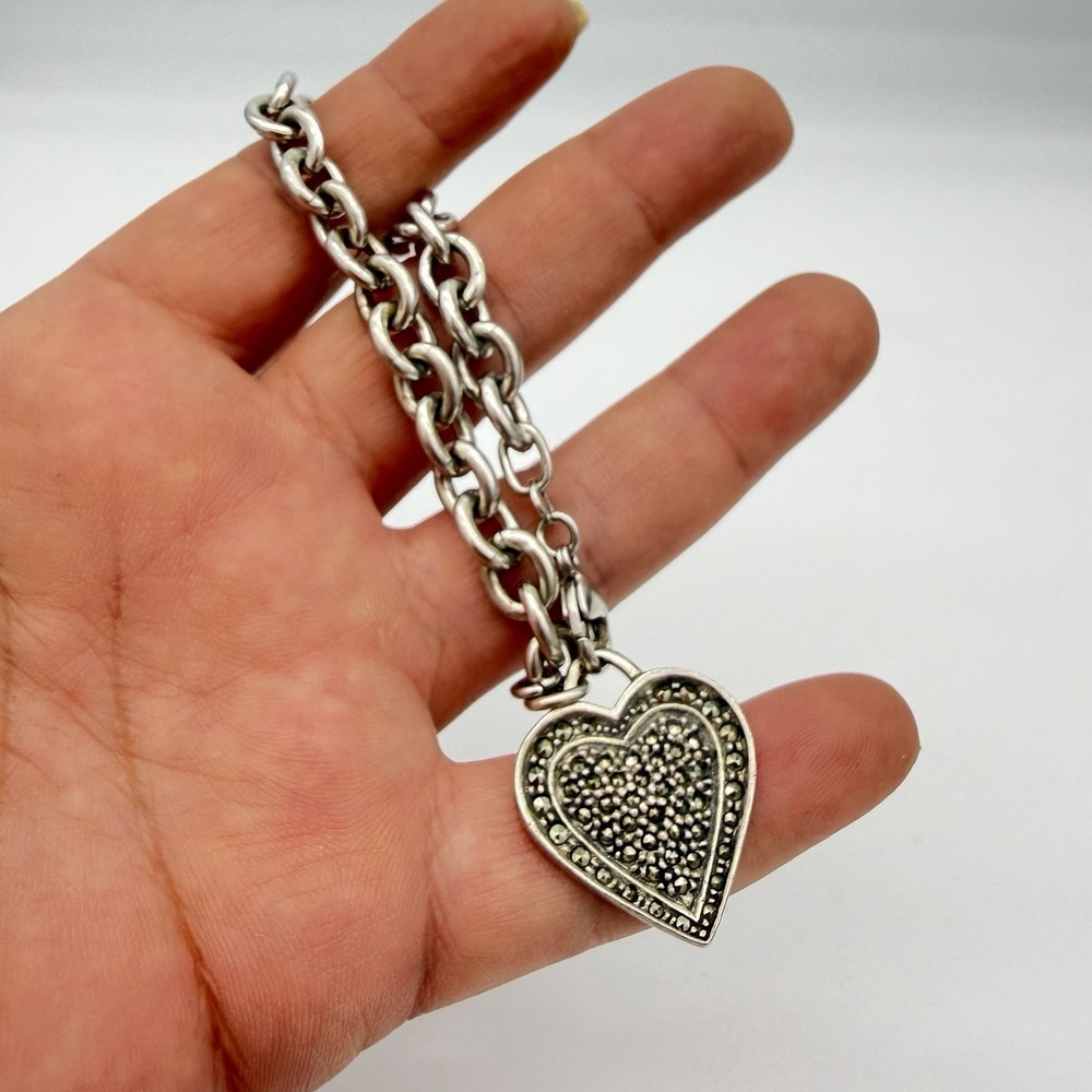 VTG‎ Sterling Silver Heart Charm Bracelet Marcasite Hallmarked Charm 26gr Sz6.5